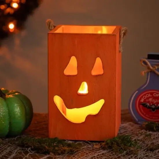 Northlight Large Orange Wood Jack O Lantern Halloween Candle Lantern - 8" image {1}