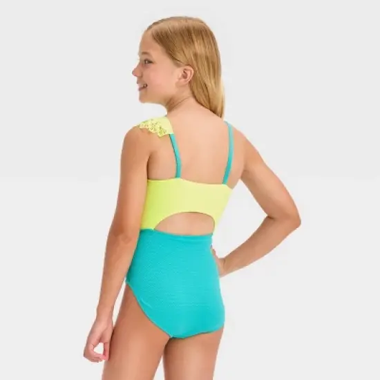Girls' 'Beach Dreams' Solid One Piece Swimsuit - Cat & Jack&trade; Yellow/Light Blue image {2}