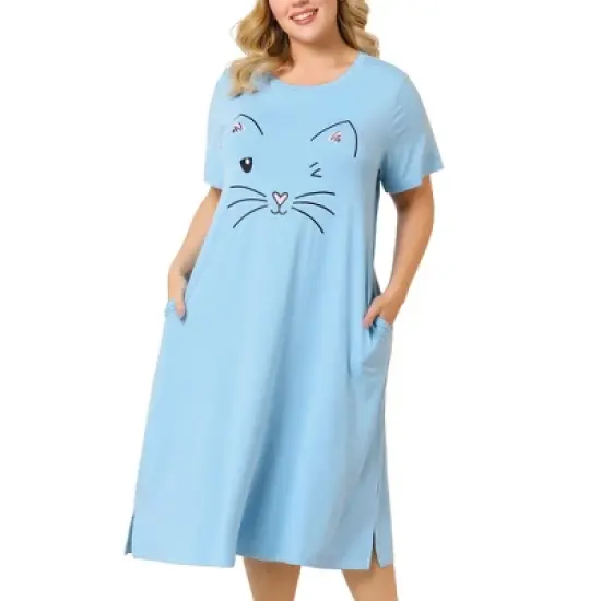 Agnes Orinda Womens Plus Size Short Sleeve Cute Cat Print Pockets Nightgown image {10}