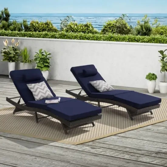 Outdoor Chaise Lounge Chair Set of 2, Wicker Reclining Lounge with Adjustable Backrest & Cushion, Sunbathing Chair for Patio Pool Garden image {6}