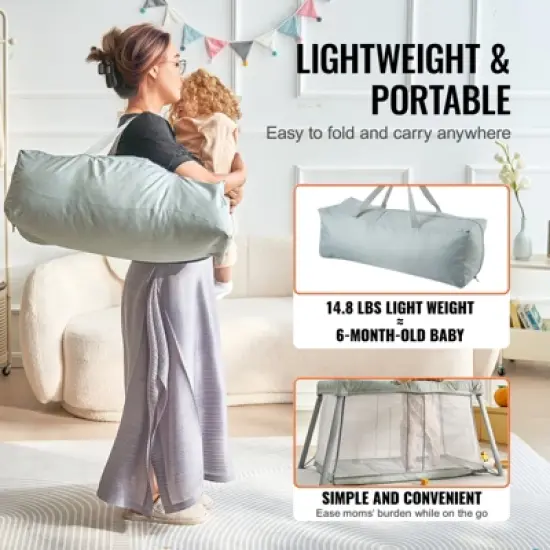 VEVOR Baby Travel Crib and Play Yard, Folding Baby Playpen with Soft Mattress Pad, Portable Toddlers Crib with Breathable Mesh and Travel Bag, Gray image {6}
