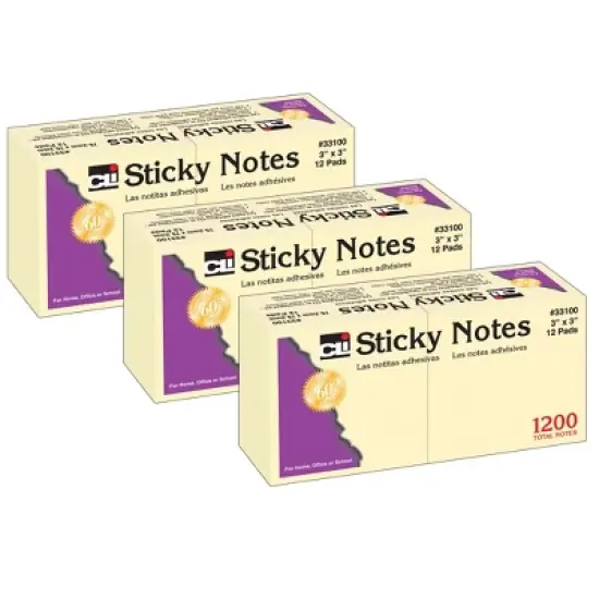 Charles Leonard Sticky Notes, 3 x 3 Inch, 100 Sheets/Pad, Yellow, 12 Pads Per Pack, 3 Packs image {2}