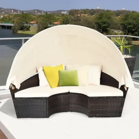 Costway Patio Rattan Daybed Cushioned Sofa Adjustable Table Top Canopy 3 Pillows image {3}