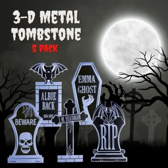 3-D Halloween Metal Tombstone (5 Designs)-(16.75 Tall w Stakes)- Durable, Weatherproof, UV Printed - No More Flimsy Foam Headstones image {1}