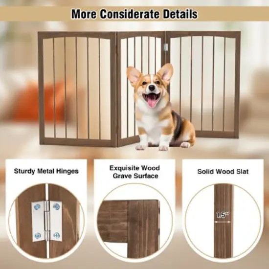 Costway 30&rdquo; Tall Pet Gate Wooden Dog Fence w/180&deg; Rotation 3-Panel Room Divider Barrier for Doorway Hallway Stairs Brown image {7}