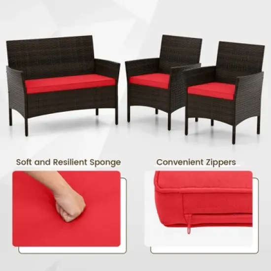 Tangkula 4 Piece Patio Rattan Conversation Set Outdoor Wicker Furniture Set with Chair Loveseat & Tempered Glass Table Cozy Seat Cushions image {5}