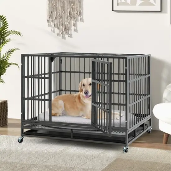 Tangkula 48" Foldable Heavy-Duty Metal Dog Cage W/ Lockable Rolling Casters Black image {2}