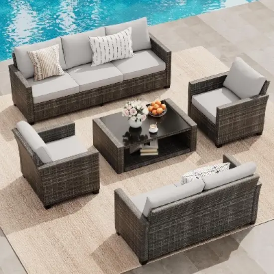 Outdoor Wicker Patio Furniture Sectional Set, Glass Top Table with Hidden Storage, Includes 7 Seating Components, Natural Rattan with Cushions image {8}