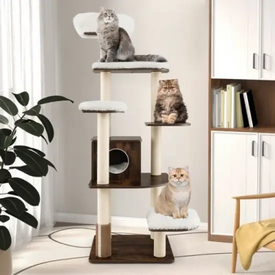 Costway Wooden Cat Tree 71'' 7-Layer Cat Tower with Sisal Scratching Posts Perch & Cushions Brown/Natural image {3}
