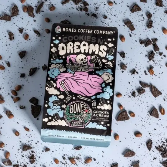 Bones Coffee Company Cookies 'N Dreams Ground Coffee Beans Cookies and Cream Flavor 12 oz Medium Roast (Ground) image {3}