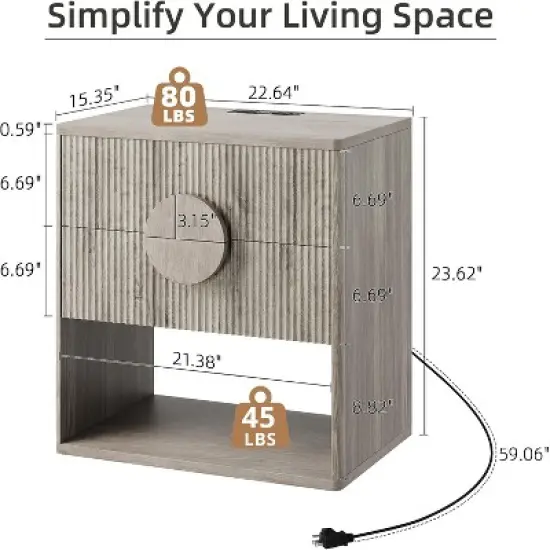 Fluted Nightstand, Side Table with 2 Drawer, Modern Farmhouse Nightstand with Open Shelves, Wood Nightstand for Bedroom Sofa Office image {1}