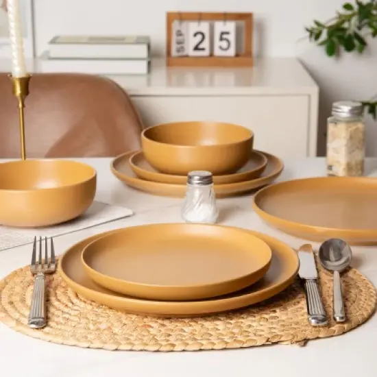 SEVOBAL 12-Piece Stoneware Dinnerware Set Microwave Dishwasher Friendly Stackable Matte Glaze Plates Bowls Service for 4, Orange, 10"*10"*2.4" image {3}