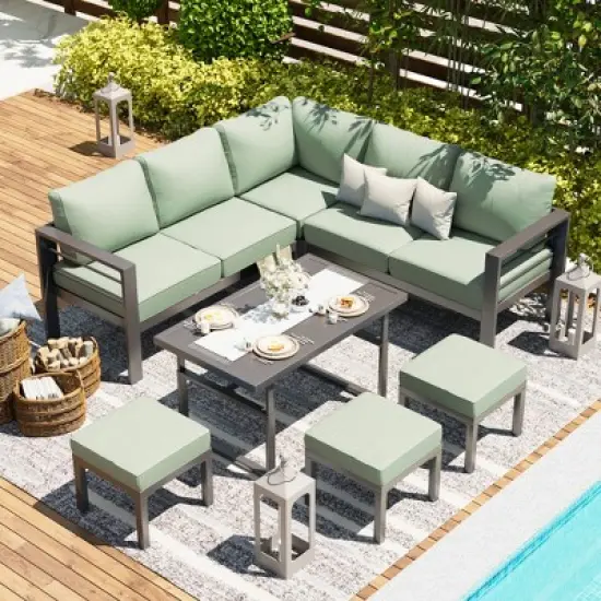 XINGHANZHENXUAN Grey 7-Piece Aluminum Patio Dining Set with Table, Rust-Free, Comfortable Cushions and Backrests image {8}