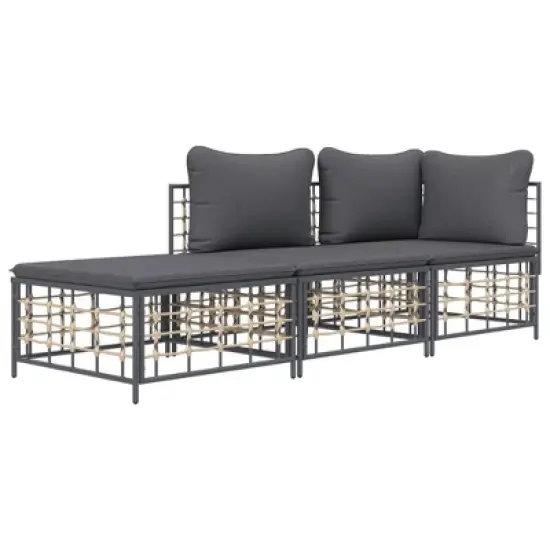 vidaXL 3 Piece Patio Lounge Set - Anthracite Poly Rattan, Weather-Resistant, with Sturdy Steel Frame, Comfortable Cushions, and Modular Design image {2}