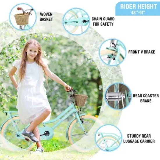Aukfa Girls Bicycle with Basket, Bracket and Suspension Fork, Double Disc Brake Steel Frame Girls Bicycle, Suitable for Girls Aged 7-10 image {1}