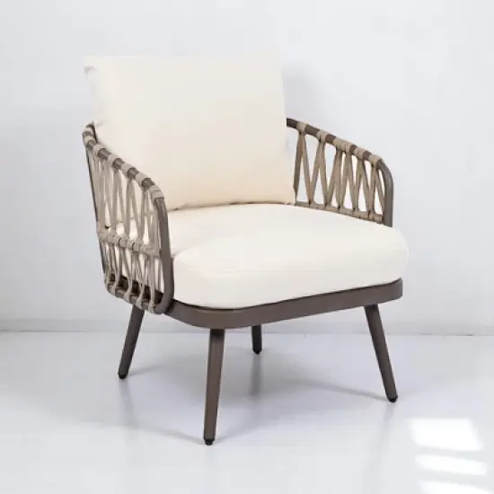 4-Piece Outdoor Conversation Set with Woven Rope U-Shaped Backrest, Acacia Wood Coffee Table, Water-Repellent Cushions image {14}