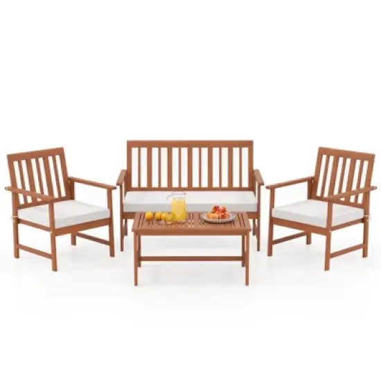 Tangkula 4-Piece Acacia Wood Patio Conversation Set Outdoor Furniture Set w/ 2 Armchairs image {9}