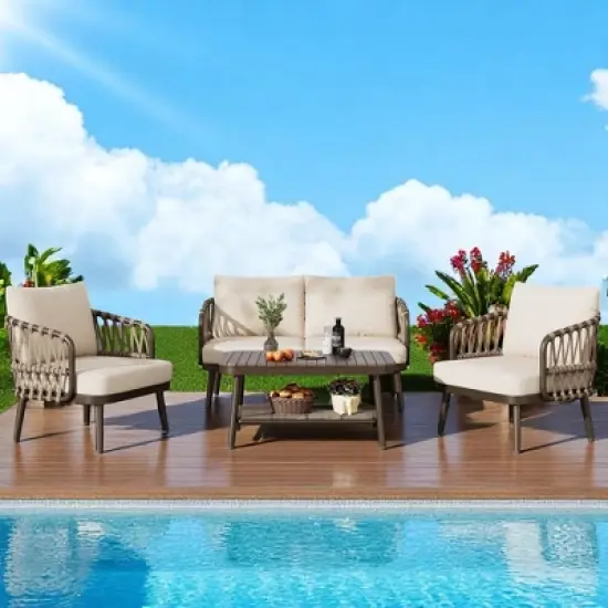 4-Piece Outdoor Conversation Set with Woven Rope U-Shaped Backrest, Acacia Wood Coffee Table, Water-Repellent Cushions image {16}