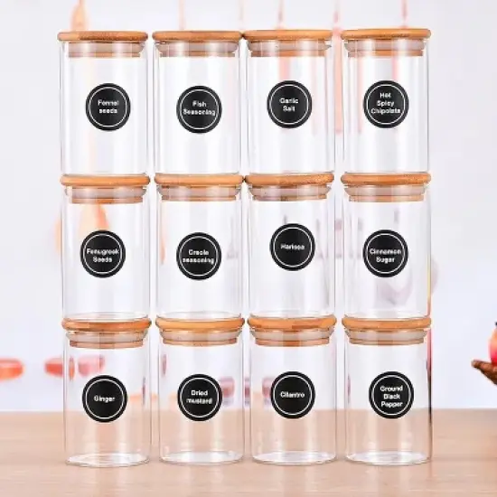 12 Pcs Round Spice Jars with Bamboo Lids and Stickers, Glass Storage Jars, Candy Jars, Coffee Jars, Salt Jars, Pepper Jars, Tea Jars image {4}