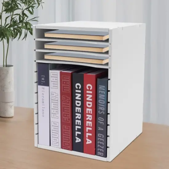 YIYIBYUS Vertical Desktop Sorter, 11 Compartment, White, Letter-size Shelves image {1}