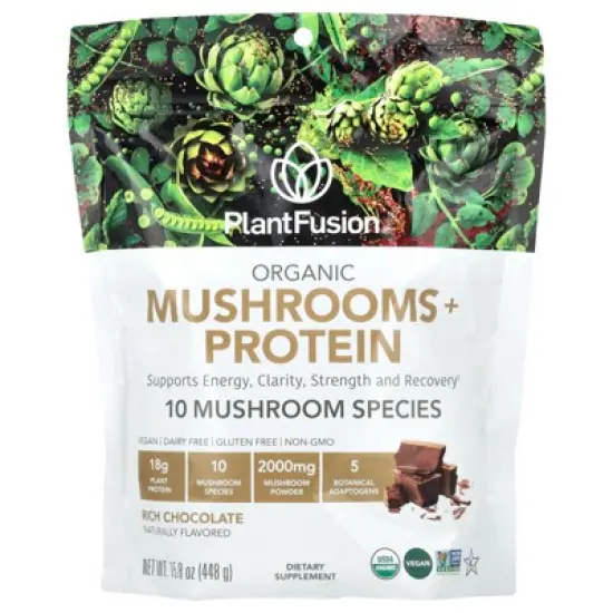 PlantFusion Organic Mushrooms + Protein, Rich Chocolate, 15.8 oz (448 g) image {3}