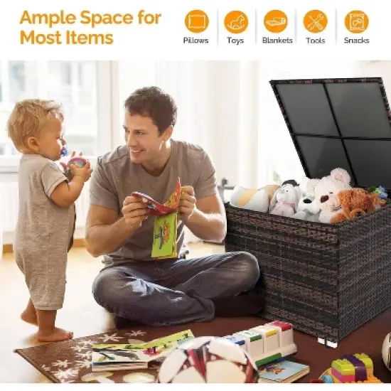 VINGLI 88 Gallon Outdoor Rattan Deck Box With Adjustable Feet, Patio Wicker Storage Box for Garden, Balcony, Porch, Pool, Yard (Brown) image {4}