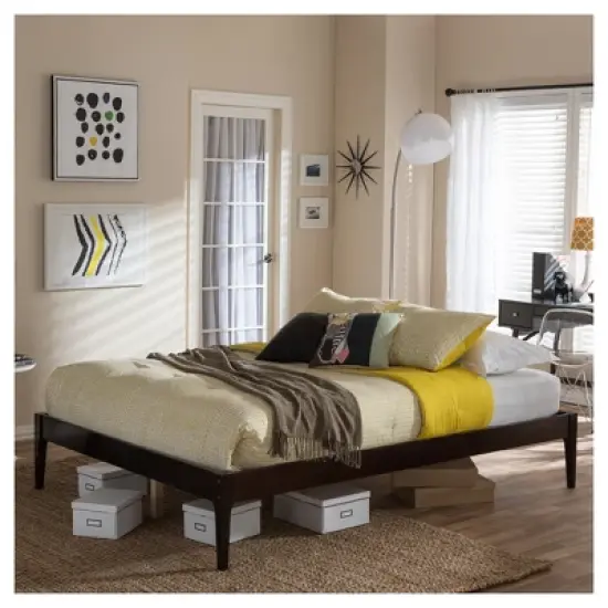 Queen Bentley Mid Century Modern Solid Wood Bed Frame Cappuccino/Dark Brown - Baxton Studio: Eco-Friendly, Rubberwood, No Box Spring Needed image {3}