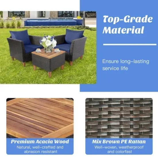 Costway 3PCS Patio Wicker Rattan Sofa Set Furniture Acacia Wood Conversation image {6}