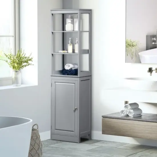 kleankin Tall Bathroom Storage Cabinet, Freestanding Linen Tower with 3-Tier Open Shelf and Cupboard, Slim Floor Organizer image {2}