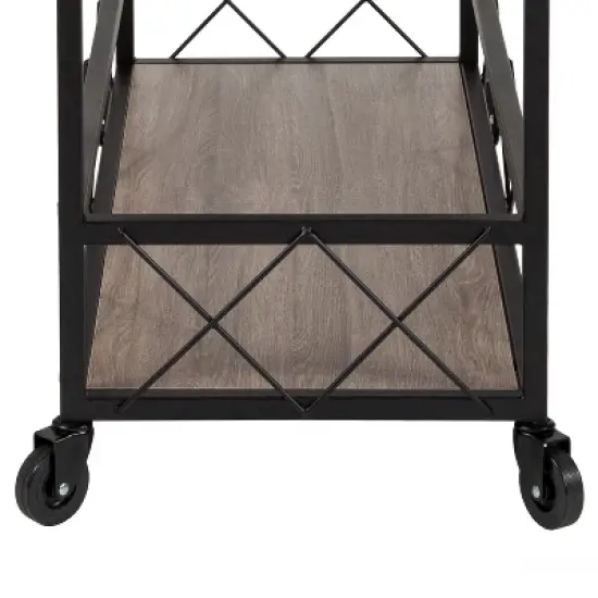 Merrick Lane Rolling Kitchen Serving and Bar Cart with Shelves and Wine Glass Holders in Distressed Light Oak Wood and Black Iron image {10}