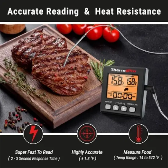 ThermoPro TP16SW Digital Meat Cooking Smoker Kitchen Grill BBQ Thermometer with Large LCD Display with Backlight for Oven Smoker Grill Turkey image {2}