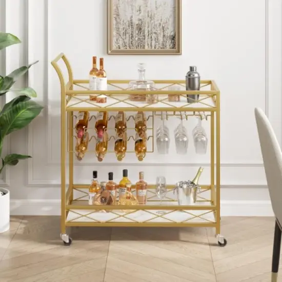 Gold Bar Cart 2-Tier with Wheels, Gold Serving Cart with Wine Rack & Glass Holders for Living Room, Kitchen, Dining image {3}