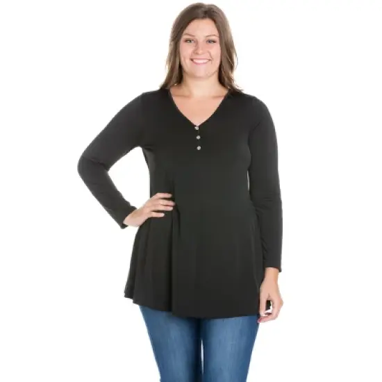 24seven Comfort Apparel Womens Plus Size Flared Long Sleeve Henley Tunic Top image {4}