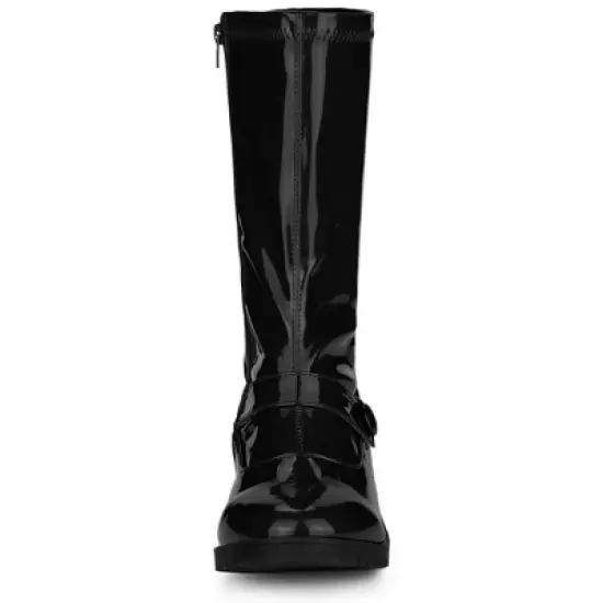 Allegra K Women's Round Toe Chunky Heels Patent Leather Mid Calf Boots image {2}
