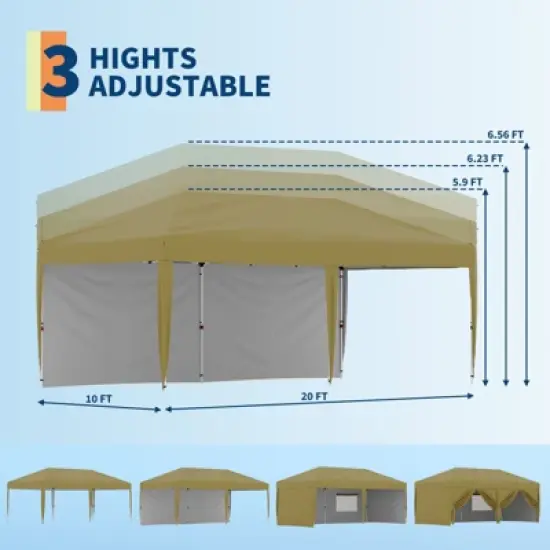 10x20 Heavy Duty Pop Up Canopy w/4 Sidewalls, Roller Bag, 4 Weights, 8 Stakes & 6 Ropes - 3 Height Adjustable image {3}