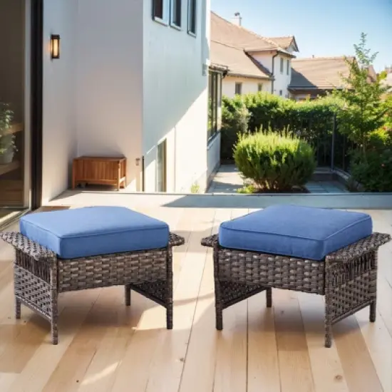 Gymojoy 2 Pieces Outdoor Patio Rattan Ottomans with cushions image {7}