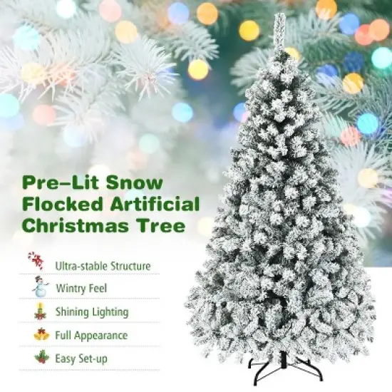 Costway 6ft/7.5ft/9ft Pre-Lit Premium Snow Flocked Hinged Artificial Christmas Tree with 250 Lights/450 Light/550 Lights image {7}