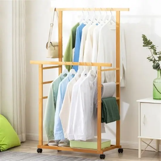 Artloge Thicken Double Rod Bamboo Hanging Clothes Rack Portable Rolling Coat Garment Stand Storage Organizer with Shoe Shelves & Wheels image {7}