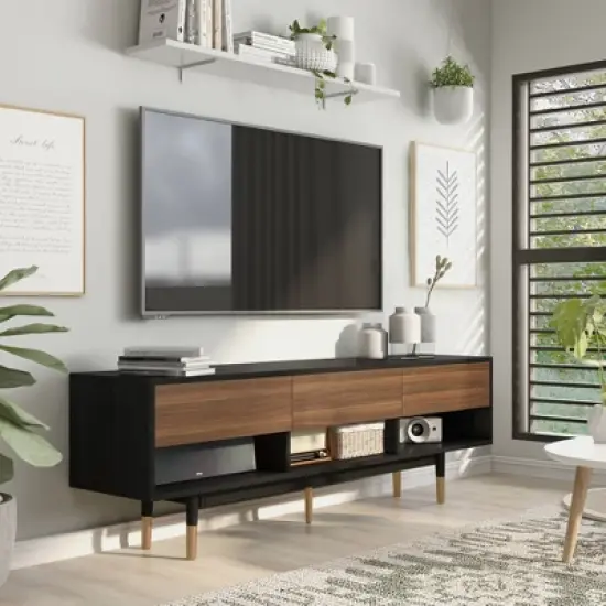 Vanore Mid-Century 3 Drawer TV Stand for TVs up to 80" Black - HOMES: Inside + Out image {1}