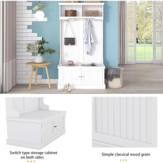 Acekool 4-in-1 Hall Tree with Storage Shoe Bench, Coat Rack with 4 Hooks, Entryway Organizer with Display Shelves & Cabinet, White image {5}