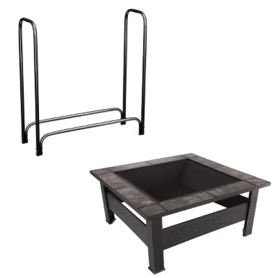 Fire Pit Table Kit 33-Inch Square Wood Burning Outdoor Fireplace with 4-Foot Firewood Rack, Spark Screen, Cover, and Log Poker by Pure Garden image {2}