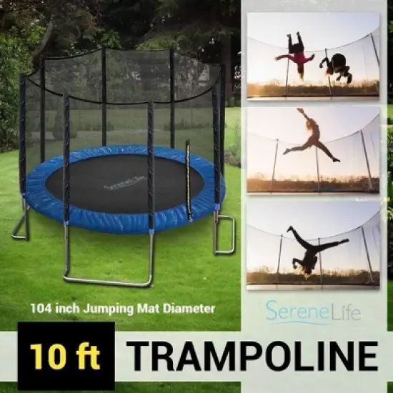 SereneLife 10' Outdoor Jumping Trampoline with Safety Net Enclosure SLTRA10BL - Large Jumping Surface image {5}