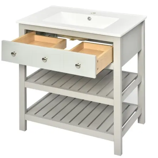 30" Bathroom Vanity with Ceramic Basin Sink, Drawer and 2-Tier Storage Shelf, Gray - ModernLuxe image {5}