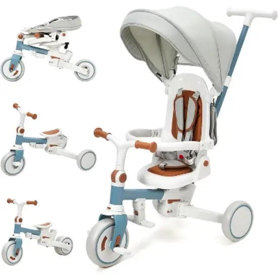 7-in-1 Foldable Baby Tricycle w/ Adjustable Parent Handle, Safety Harness & Wheel Brakes - Toddler Trike w/ Removable Canopy for Boys & Girls image {7}
