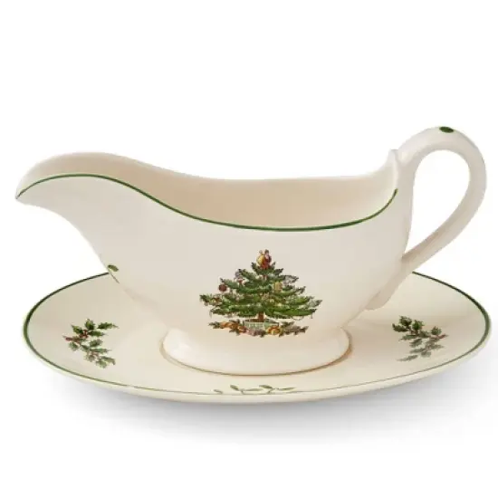 Portmeirion Christmas Tree 9 Oz Gravy Boat & Stand - Festive Porcelain Sauce Boat with Tray for Holiday Gatherings - Microwave, Dishwasher, Oven Safe image {7}