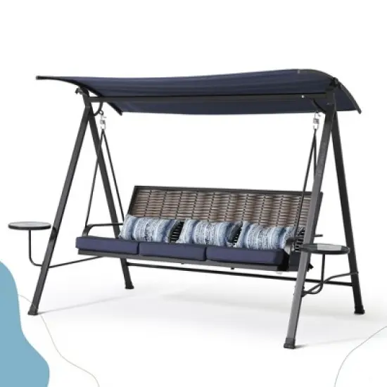 Okak 3-Seater Steel Porch Swing with Canopy,Outdoor Patio Swing Chair with Stand,Side Tables,Bench Swing for Patio,Garden,Backyard,Blue image {6}