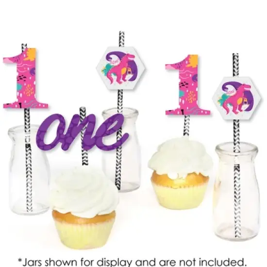 Big Dot of Happiness 1st Birthday Roar Dinosaur Girl - Paper Straw Decor - ONEasaurus Dino First Birthday Party Striped Decorative Straws - Set of 24 image {3}