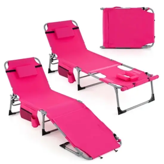 Costway 2 PCS Outdoor Folding Chaise 5-Position Lounge Chair with Adjustable Footrest Pink/Gray/Dark Pink/Navy Blue image {9}