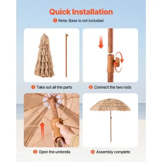VEVOR Tiki Umbrella, 6.5 ft Thatched Patio Umbrella with Tilt, Hawaiian Style Beach Parasol with Durable PP Thatch and 8 Metal Ribs, Oringinal Color image {5}