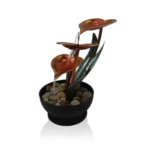 12" Indoor Tropical Floral Tabletop Fountain with Stone-Filled Base Black/Green/Copper - Alpine Corporation image {2}
